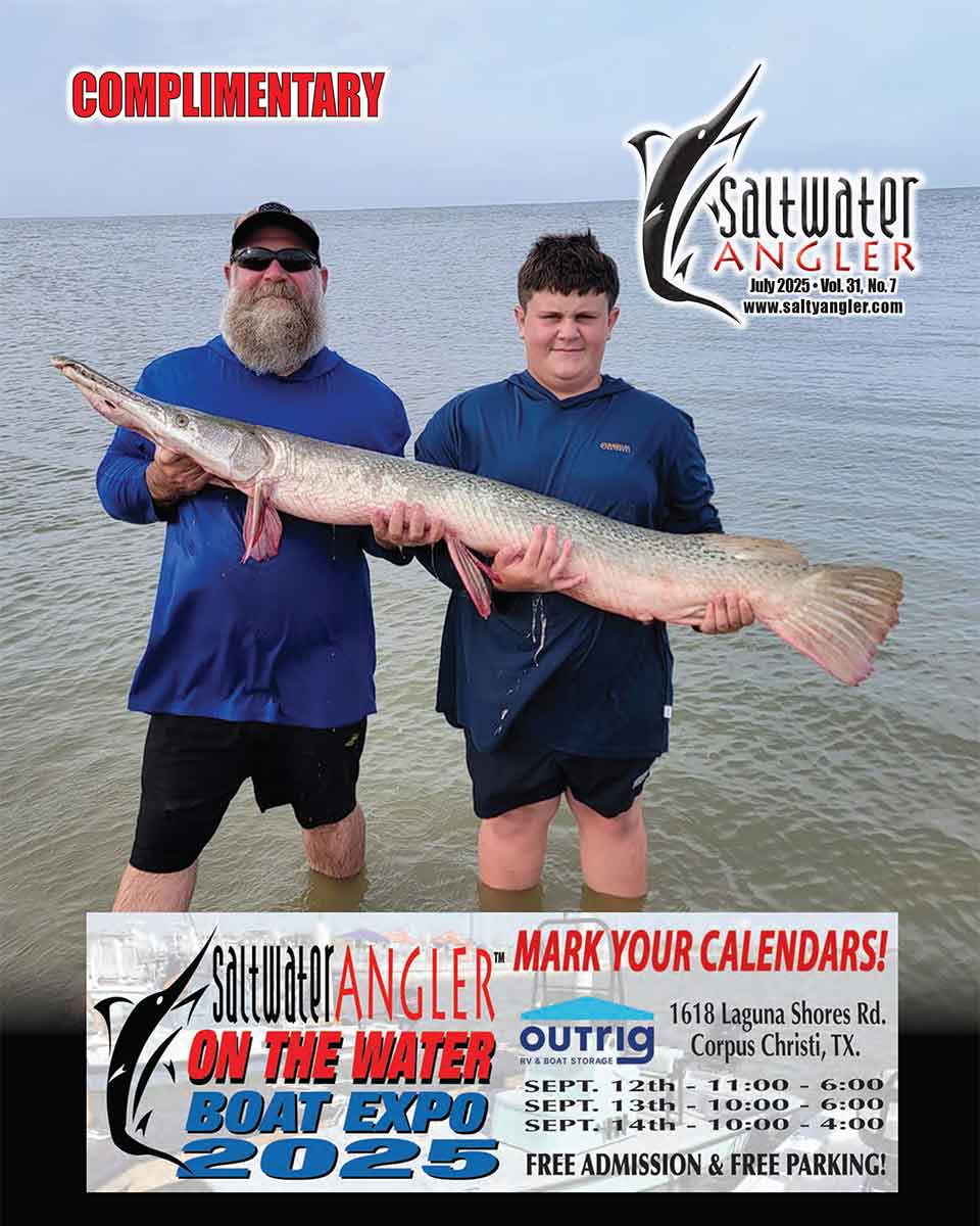 Mason Fullenwider (11) from La Vernia, TX caught this 5 ft 50 lbs gar on cut mullet while fishing with his dad Nathan at Magnolia Beach, TX.