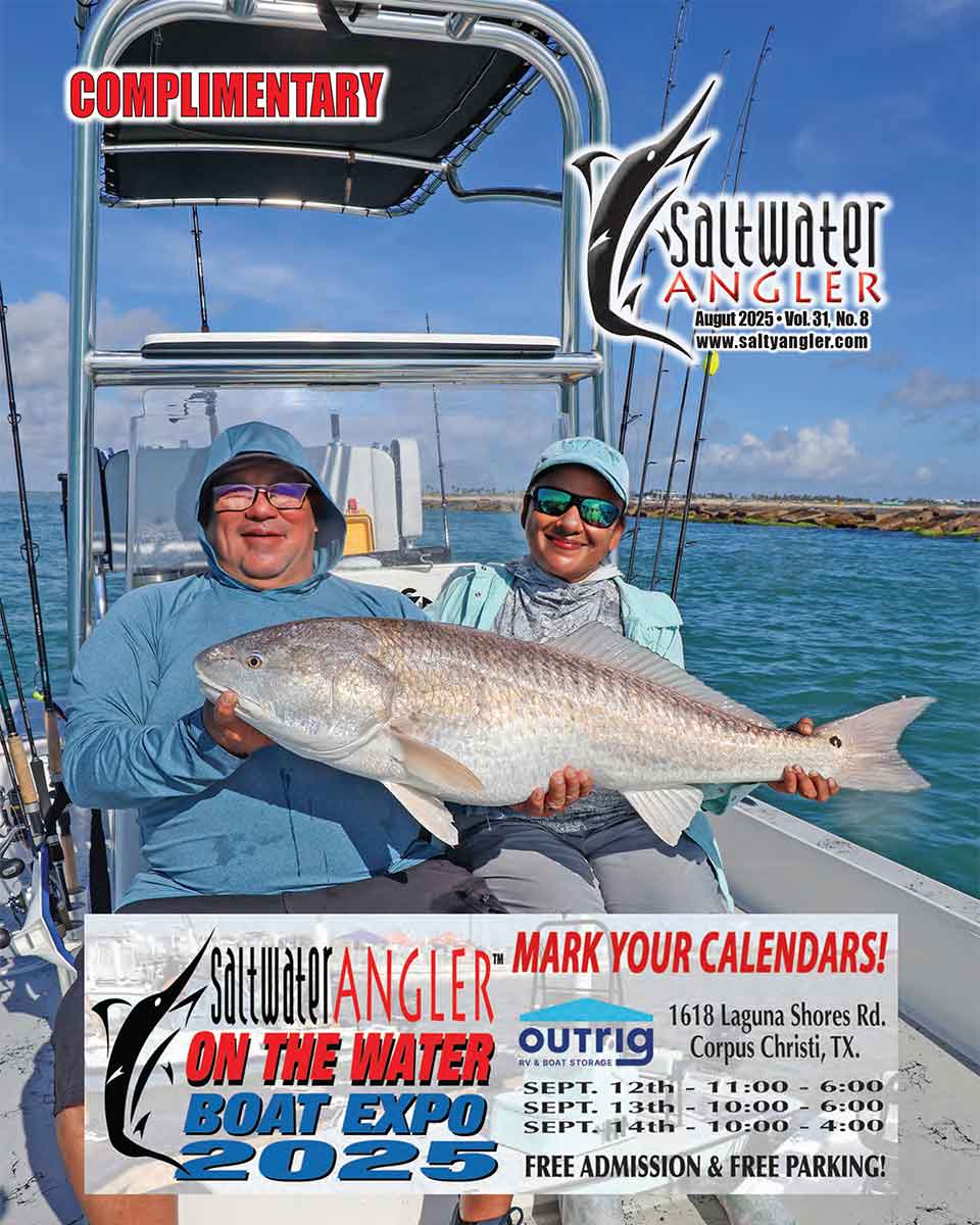Rocky and Silver Guerra of Roy's Bait & Tackle with one of many giant bull reds they caught and released while fishing with Capt. Brian Barrera on South Padre Island, TX.